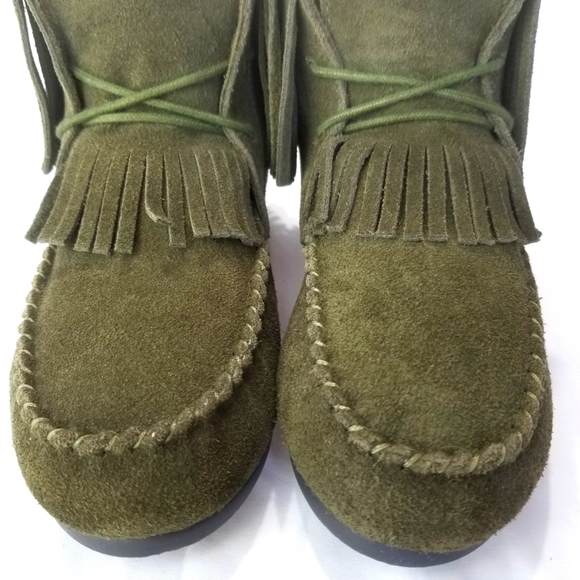 Yellow Box Casual Winter Suede Fringe Boho Moccasin Boot Green Sz 6 - Picture 4 of 9